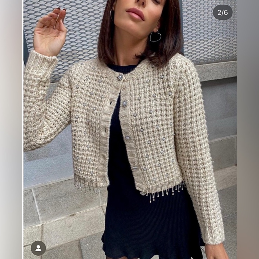 Zara Cream Knit Cardigan with Rhinestones and Pearls.